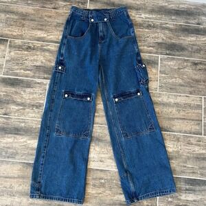 Liquid Lagoon Cargo Jeans Mens 30/32 Blue Wide Leg Utility Multi Pocket Y2K